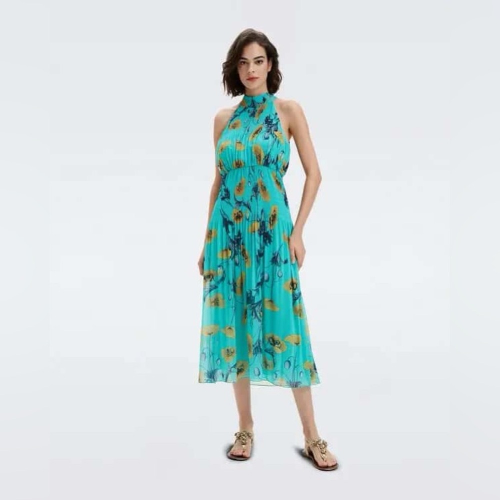 NWT Diane Von Furstenberg Lupin Shirred Floral-print Chiffon Midi Dress